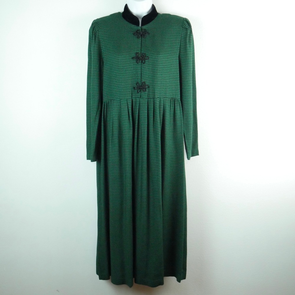 Vintage Green Houndstooth Maxi Dress Velvet Collar Frog Closure 8 Victorian 90s